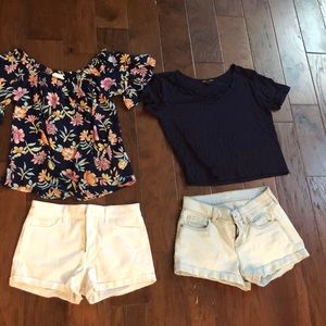 Two juniors outfits. 2 tops, 2 shorts. American dream, Old Navy, Hollister